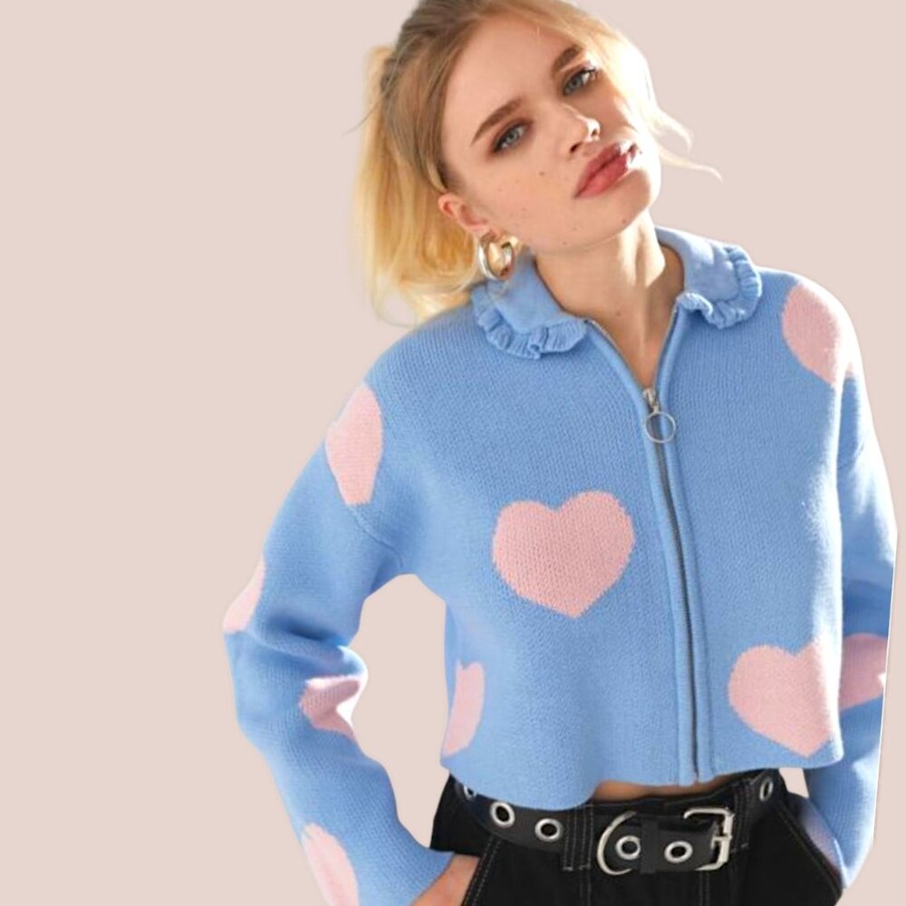 Lazy Oaf rare pastel blue pink hearts bell sleeve crop oversized knit cardigan S